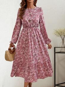 SHEIN LUNE Round Neck Floral Print Ruffle Hem Long Sleeve Dress Maxi Women Outfit