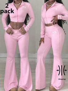 Coolane 女士秋季日常穿着外出基本款运动服健身房瑜伽粉色紧身胸衣外套和小喇叭裤两件套 - 粉色 - 查看 1