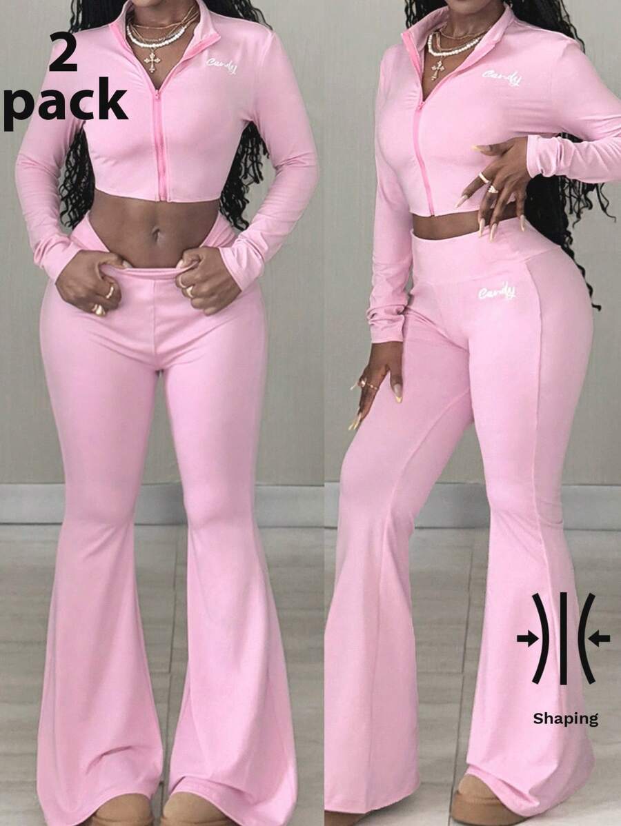 Coolane 女士秋季日常穿着外出基本款运动服健身房瑜伽粉色紧身胸衣外套和小喇叭裤两件套 - 粉色 - 查看 1