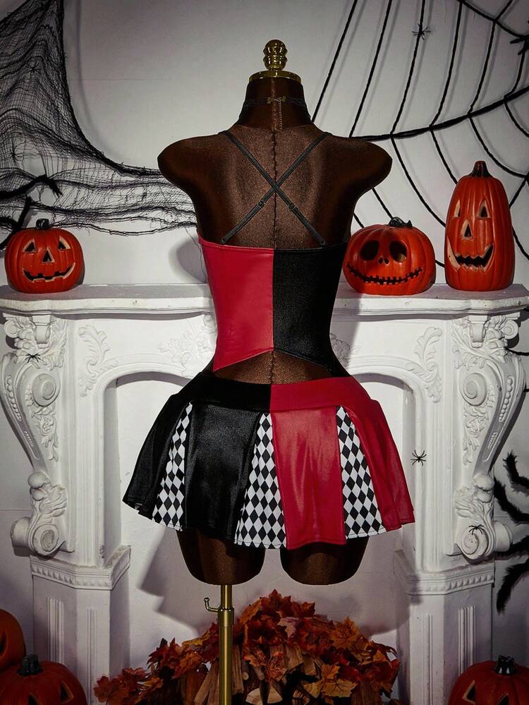 Amplova Bộ 2 trang phục chú hề Halloween với áo crop top chắp vá màu tương phản và chân váy mini xếp ly rộng - Đỏ - Xem 2