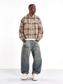 SUMWON 复古学院风法兰绒哈灵顿夹克复古水洗格子冬季学院风拉链休闲外套带品牌刺绣 - 杏色 - 查看 5