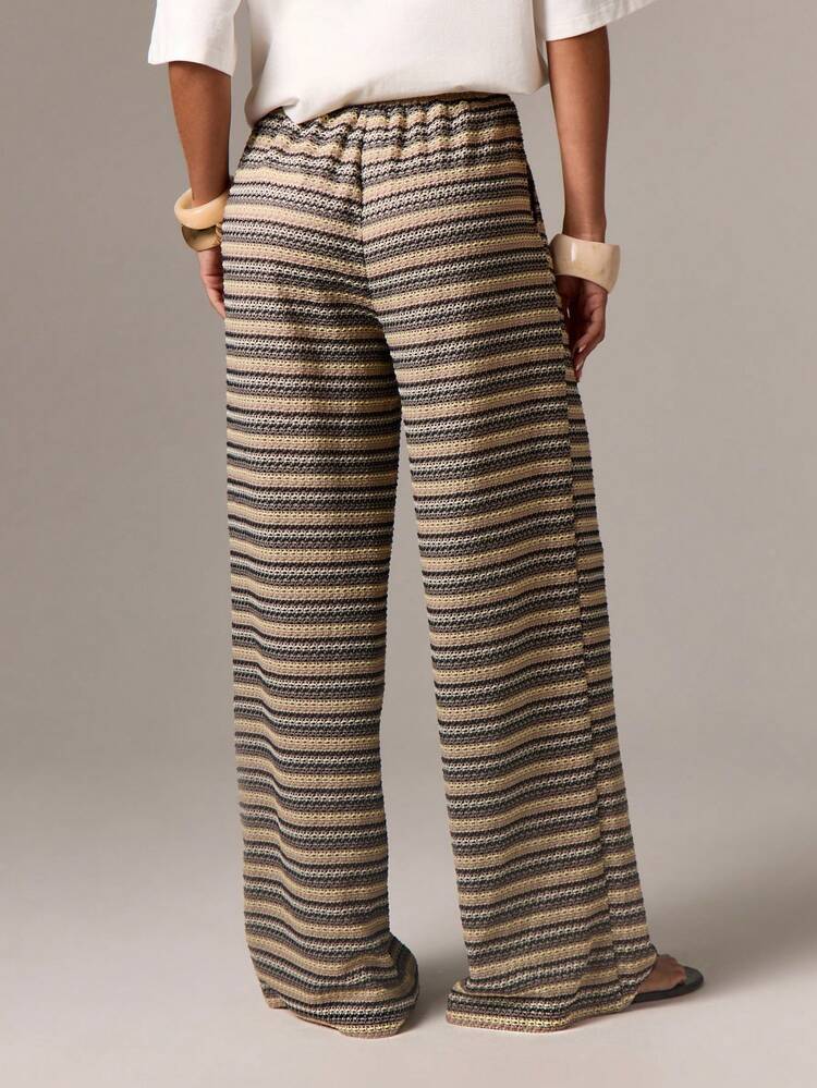 Striped Knitted Wide Leg Palazzo Pants With Textured Pattern