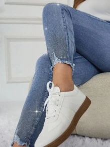 EMERY ROSE EMERY ROSE Jeans casuales ajustados con bolsillos y diamantes de imitación para mujer de talla grande - Azul - Ver 3