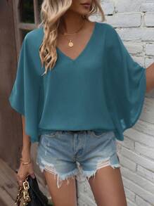 EMERY ROSE Damen Einfarbiges V-Ausschnitt Fledermausärmel Locker Lässig Hemd