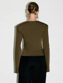 KIZN 女士专业商务西装外套长袖 V 领纽扣前部办公室工作西装外套结构化垫肩贴合腰部正装 - 棕色 - 查看 2