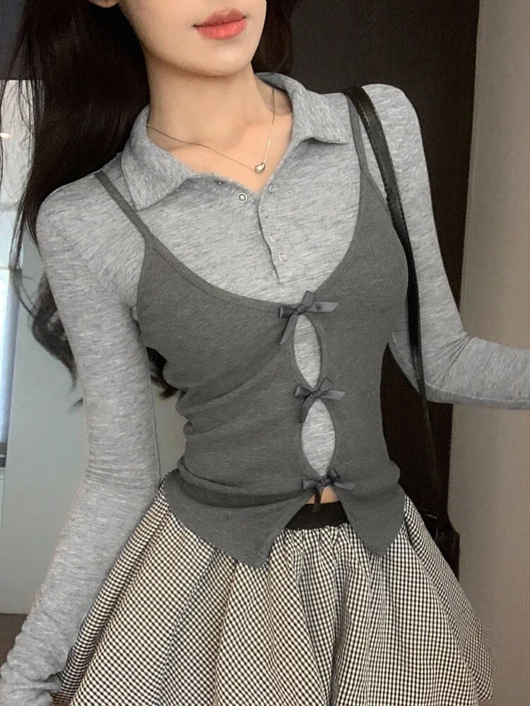 Women's Collared 2 In 1 Bow Decor Slim Fit Long Sleeve Pullover Sweater,Fall Women Clothes
