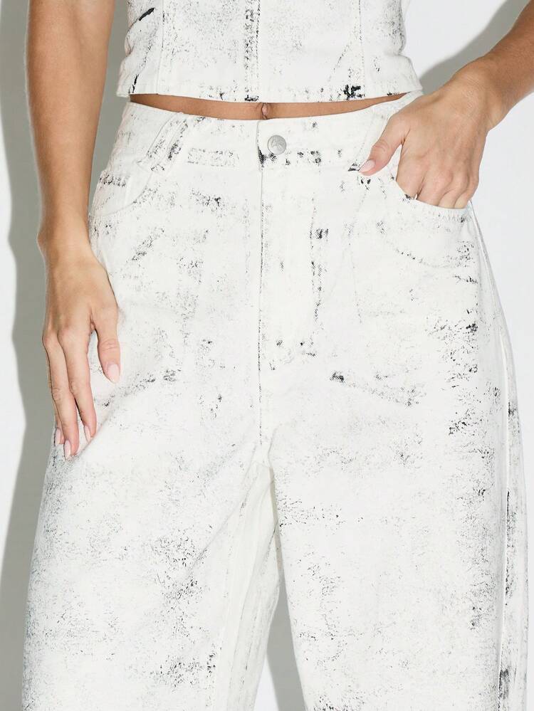 KIZN Wide Leg Cracked Paint Effect Denim Jeans With Baggy Fit