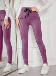Modelyn Quần legging bó sát có dây rút màu trơn dành cho nữ, thoải mái và co giãn - Màu tím  Violet - Xem 6