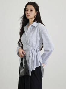 Heiryn Women's Casual Commuter Striped Tie-Wrap Shirt School Blouse Work Blouse - Blue and White - View 3