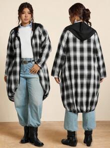 SHEIN LUNE Áo khoác dáng lửng có mũ, phối màu kẻ caro, cỡ lớn, phong cách đường phố, mùa thu, trở lại trường học, trang phục phương Tây, phong cách vintage, Halloween, Giáng sinh, mùa thu. - Đen và trắng - Xem 2