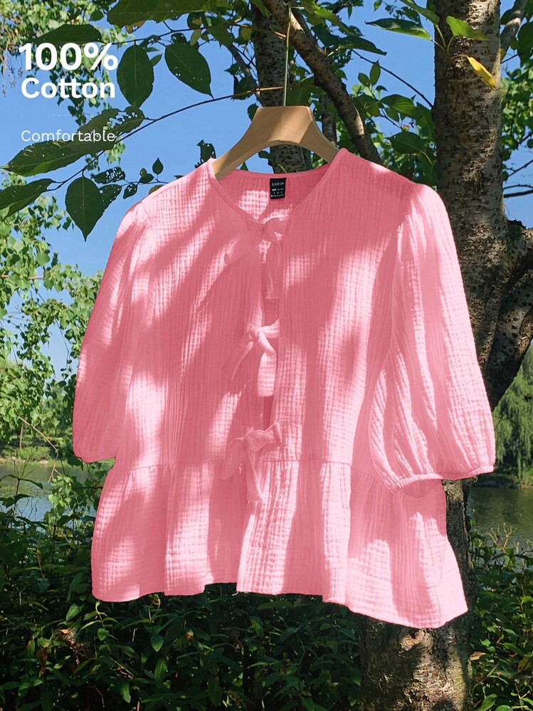 Comfortcana Plus Size Pink Casual Vacation Shirt For Spring & Summer - Pink - View 1