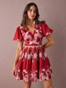 Enchnt 秋冬浪漫女式波西米亚风亚麻红色花卉印花 V 领短袖束腰迷你连衣裙 - 紅色 - 查看 1