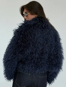 Aloruh Nuevo abrigo de estilo vintage con solapa ancha y peludo en otoño/invierno - Azul Marino - Ver 2