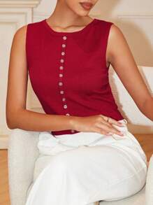 Chiquease Casual Versatile Solid Color Red Sleeveless Knit Top Knitted Sweater - Red - View 5