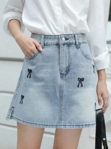 K-Vae Women's Bow Pattern Pocket Hot Diamond Casual Denim Skirt,Fall Women Clothes,School Clothes - Light Wash - View 1
