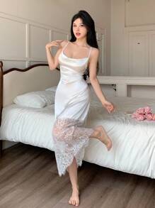 SHEIN Váy ngủ hở lưng phối ren gợi cảm dành cho nữ - trắng - Xem 6