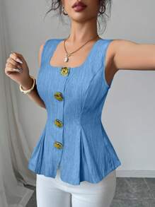 Elenzga Summer New Arrival French Elegant Fashion Big Metal Button Backless Tie Sleeveless Solid Color Blouse For Women - Blue - View 3