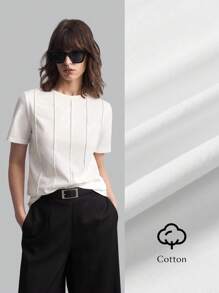 Ontre 2025 New Women's Summer Solid Color Toothpick Stripe Design Round Neck Short Sleeve Casual T-Shirt, Suitable For Spring/Summer Outings, Casual Urban, Minimalist Fashion, Urban Commute, Elegant Simplicity, Teacher's Day Outfit