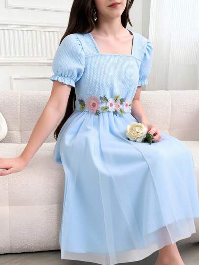 SHEIN Tween Girl Floral Appliques Puff Sleeve Mesh Dress