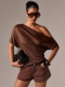 AiiRZ Off Shoulder Ruched Tunic Top Casual Draped Single Sleeve Blouse Classic Design Slim Fit Front Gatherings All Season Versatile Fashion Piece - Brown - View 1
