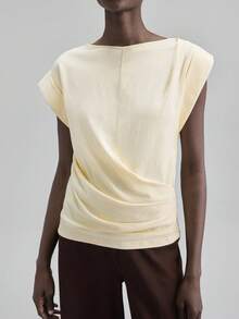 Ontre 2025 秋季奶油黄色不对称荷叶边圆领 T 恤，简约都市商务休闲女装，办公室穿着，外套，适合圣诞节、万圣节、派对 - 黃色 - 查看 7