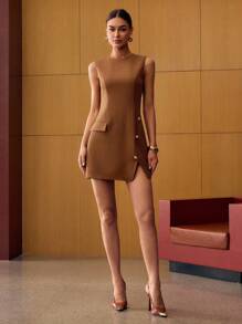 MOTF PREMIUM BUTTON DECOR SPLIT HEM DRESS - Brown - View 5