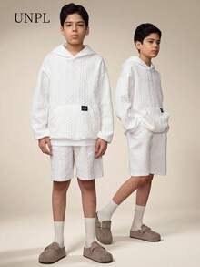 SHEIN Explorewe 2 件套时尚青少年男孩波浪提花长袖连帽衫，带大口袋 + 休闲短裤，适合上学、通勤、度假、正式场合、旅行、户外、春夏季、日常休闲、家庭聚会、秋冬季 - 白色 - 查看 4