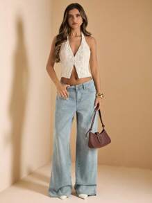 SHEIN BAE 女士杏色腰果花刺绣纹理露背无袖上衣，度假装，优雅衬衫 - 杏色 - 查看 3