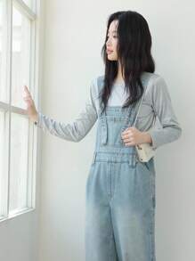 K-Vae 女士浅蓝色水洗阔腿牛仔背带裤，韩版秋季女装，秋季女装，返校服，教师装 - 淺色水洗藍 - 查看 4
