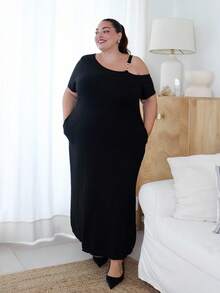 Pretty and Ole Plus Size Femei Culoare Solidă Rochie Simplă Zilnic Tinuta Maxi Femei - Negru - Vizualizare 6