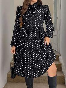 SHEIN LUNE Váy tay đèn lồng họa tiết chấm bi thường ngày và đi làm cỡ lớn - Đen và trắng - Xem 6