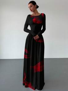 Aloruh 秋冬新款性感船领白色长袖花卉印花紧身连衣裙，适合晚会、日常外出、派对、清凉秋季