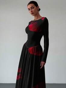 Aloruh 秋冬新款性感船领白色长袖花卉印花紧身连衣裙，适合晚会、日常外出、派对、清凉秋季