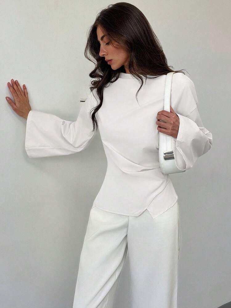 Aloruh 女士船领喇叭袖短款褶皱OL衬衫，秋季上衣，优雅女式衬衫 - 白色 - 查看 5