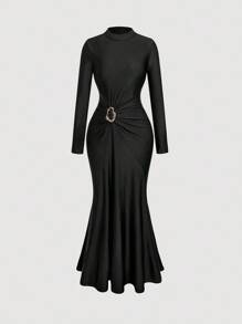 SHEIN MOD 加大码优雅纯色美人鱼派对礼服 - 黑色 - 查看 4
