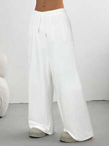 SHEIN EZwear Quần dài ống đứng lưng thấp co giãn có dây rút màu trơn cỡ lớn thường ngày - trắng - Xem 4