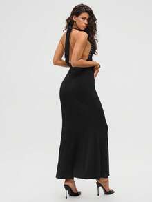 Aloruh 女式新款性感露背铆钉装饰超长修身鱼尾黑色连衣裙，前卫时尚风格 - 黑色 - 查看 2