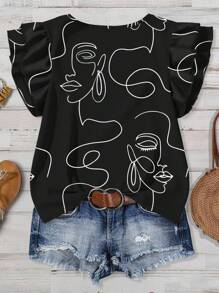 EMERY ROSE Lễ hội âm nhạc trở lại trường Quần áo cỡ lớn dành cho nữ mặc thường ngày, phong cách cổ điển, họa tiết mặt người trừu tượng thanh lịch, cổ tròn, tay áo bay nhỏ hai lớp, áo rộng cho nữ, trang phục mùa hè, trang phục đi nghỉ của nữ, trang phục mùa hè của nữ, áo đi chơi của nữ - màu đen - Xem 2