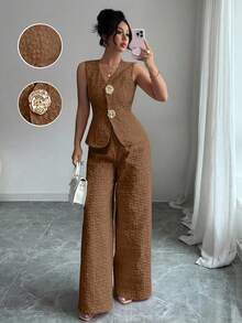 Selianne Bộ 2 món họa tiết thanh lịch dành cho nữ, màu hồng, mùa hè - màu nâu - Xem 1