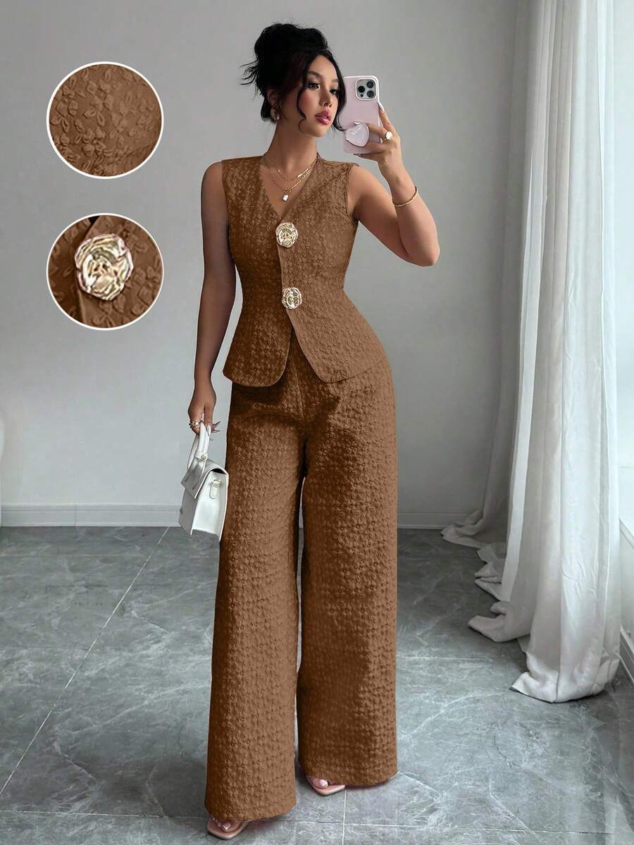 Selianne Bộ 2 món họa tiết thanh lịch dành cho nữ, màu hồng, mùa hè - màu nâu - Xem 1