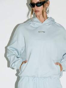 KIZN 女士舒适棉混纺加大码抽绳连帽衫家居服套头衫连帽运动衫宽松版型冬秋季休闲街头服饰上衣 - 霧霾藍 - 查看 1