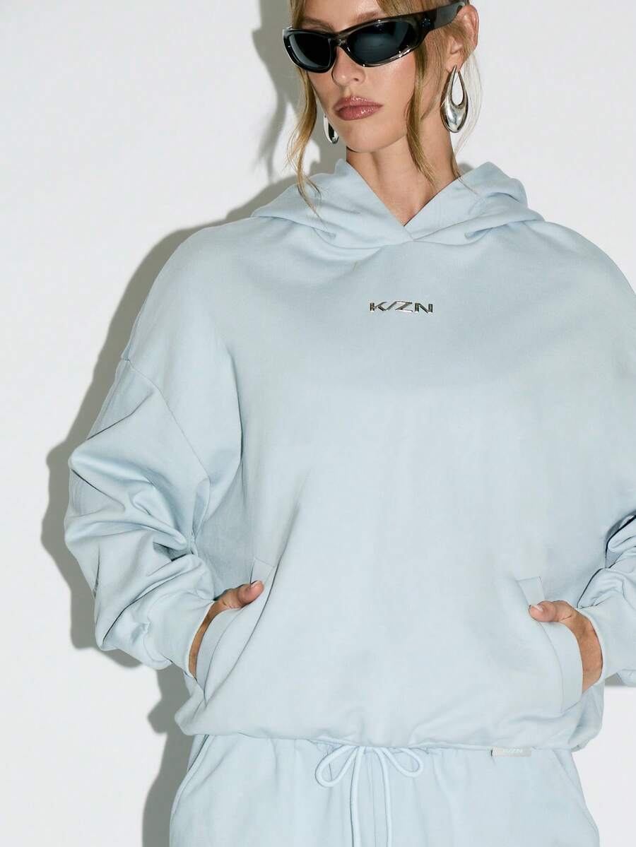 KIZN 女士舒适棉混纺加大码抽绳连帽衫家居服套头衫连帽运动衫宽松版型冬秋季休闲街头服饰上衣 - 霧霾藍 - 查看 1
