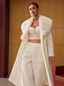PREMIUM LACE CONTRAST FUZZY COLLAR DOUBLE BREASTED PLACKET LONGLINE OVERCOAT - White - View 6