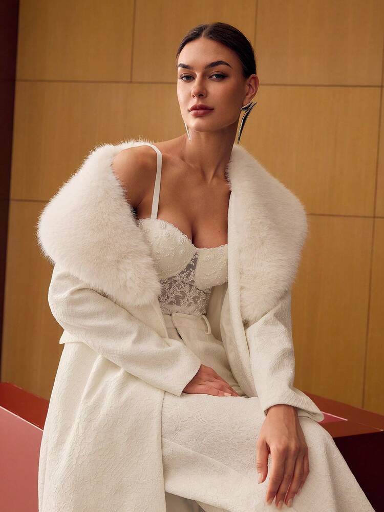 LACE CONTRAST FUZZY COLLAR DOUBLE BREASTED PLACKET LONGLINE OVERCOAT