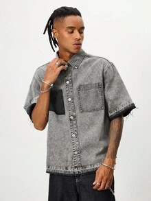ROMWE MEN Prep Camisa vaquera de manga corta con botones para hombre - Gris Claro - Ver 4