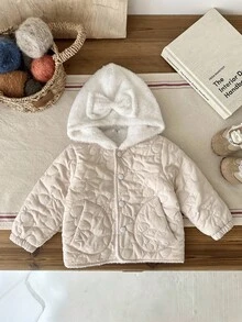 SHEIN 女宝宝休闲可爱提花蝴蝶结撞色蓬松连帽厚棉衣，冬季 - 杏色 - 查看 7
