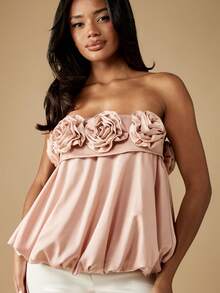 MISSGUIDED Elegant Roses Puff Ball Top Evening Party Special Occasion Bubble Hem Statement Piece Sophisticated Design Evening Reception Glamorous Crafted Fabric Embellishment - Pink - View 5