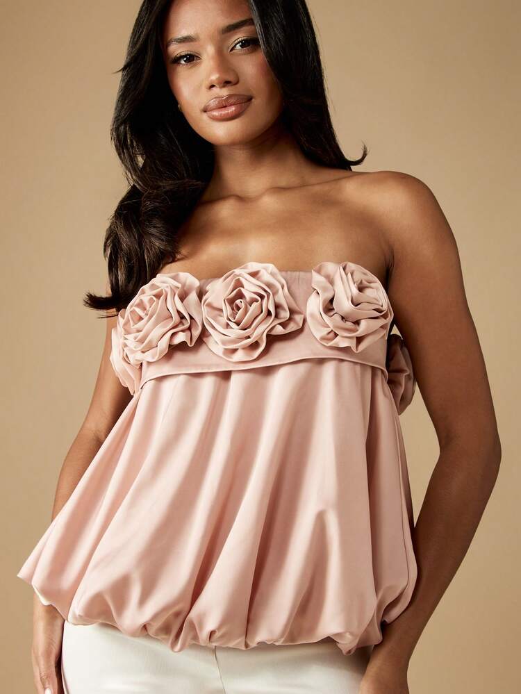 MISSGUIDED Elegante blusa de rosas con diseño de globo para fiesta de noche, ocasión especial, con bajo abullonado, pieza de declaración, diseño sofisticado para recepción de noche, glamorosa, con adornos de tela artesanal - Rosa - Añade 5