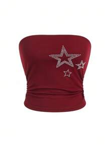ROMWE Grunge Punk Rhinestone Decor Star Pattern Strapless Top For Ladies, For Carnival