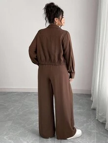 Elenzga 大码女式法式浪漫西西里优雅休闲通勤度假纯棕色衬衫领隐形门襟松紧下摆长袖衬衫 + 松紧腰工装裤套装，春/秋/冬棕色两件套女式两件套裤装女式棕色裤装两件套女式套装女式 - 棕色 - 查看 2